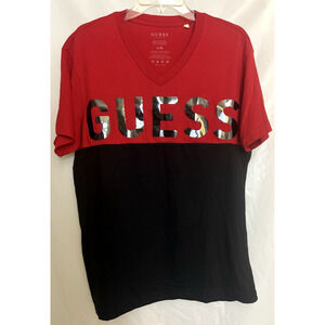GUESS Black And Red Shirt With Glossy GUESS Print Men Size L Short Sleeved